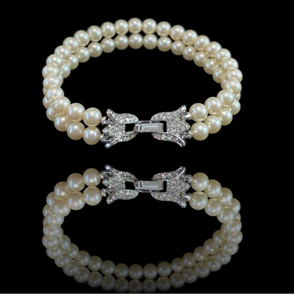 Trifari Faux Pearl Double Strand Bracelet with Pave Crystal Accents